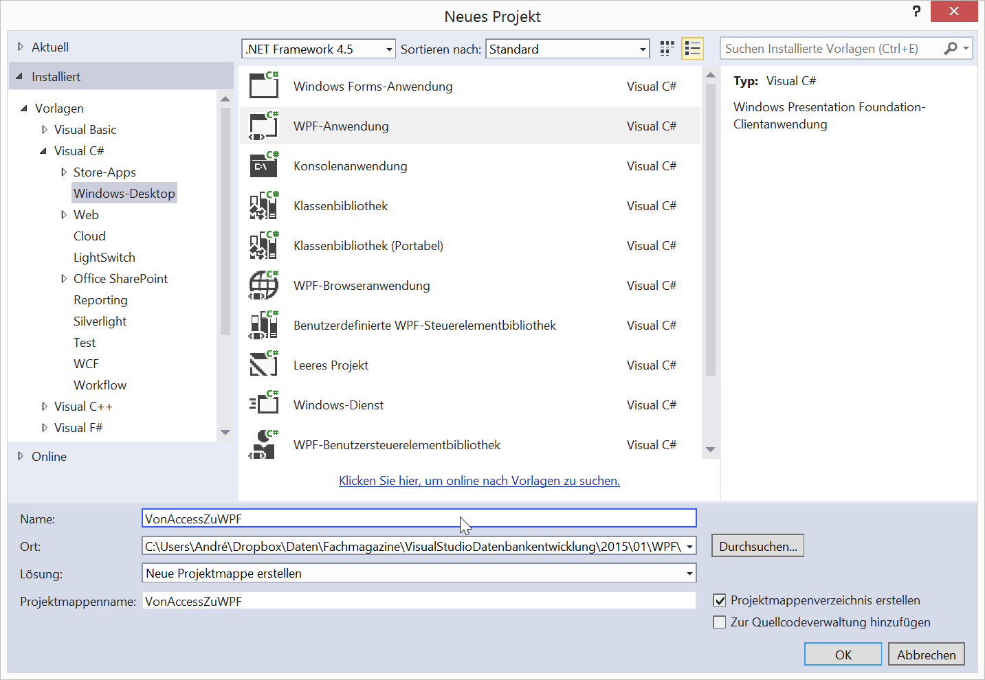 Neues WPF-Projekt für Visual C# erstellen