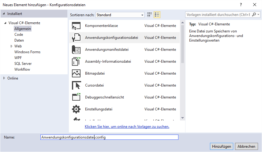 Anlegen einer Anwendungskonfigurationsdatei
