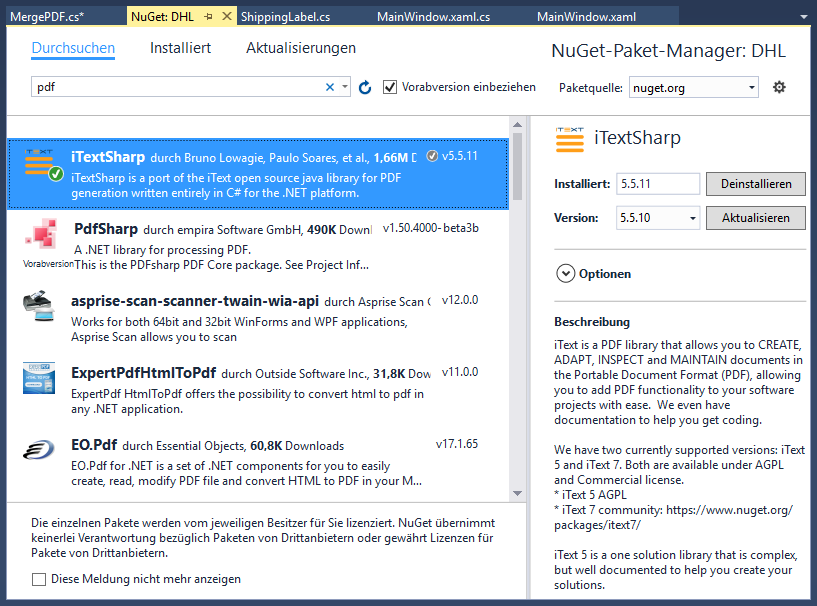 Installieren des NuGet-Pakets iTextSharp