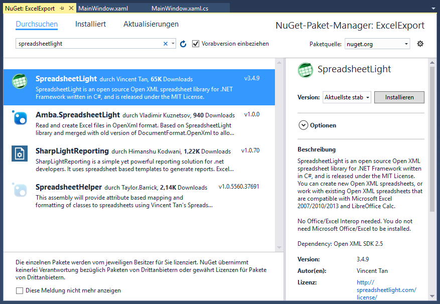 Hinzufügen von SpreadsheetLight über den Nuget-Paket-Manager