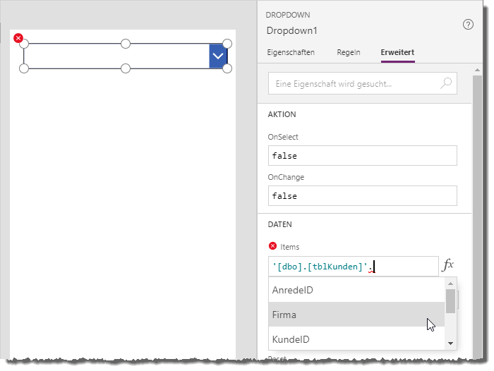 Anlegen des Dropdown-Steuerelements