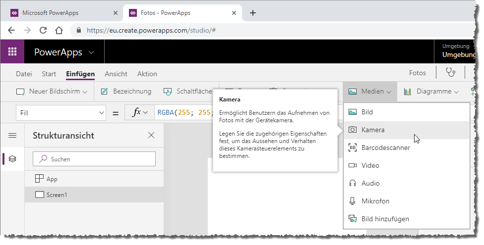 Hinzufügen des Kamera-Elements