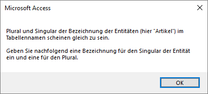 Meldung bei Gleichheit von Singular und Plural