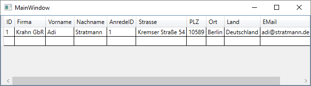 DataGrid mit dem Kunden mit dem Wert 1 im Feld ID
