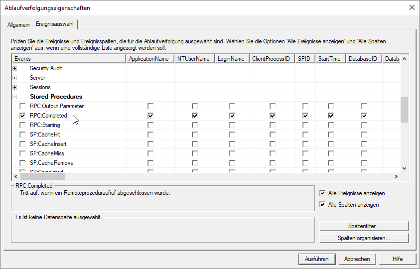 Auswahl der zu filternden SQL-Aktionen