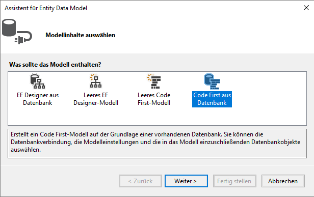 Auswahl des Typs Code First aus Datenbank