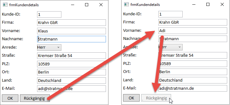 Zurücksetzen des Datensatzes nach Betätigen der Abbrechen-Schaltfläche