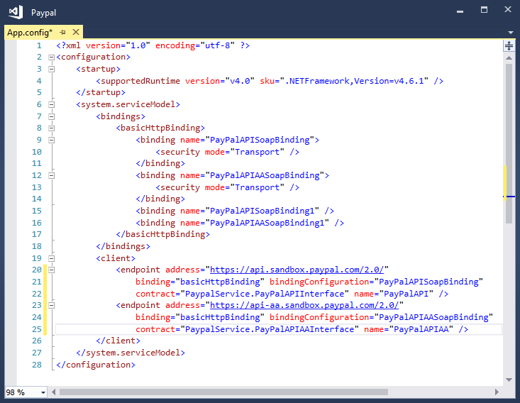 Einstellungen für den PayPal-Webservice in der Datei App.config