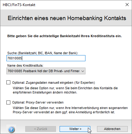 Einrichten eines neuen Homebanking-Kontakts
