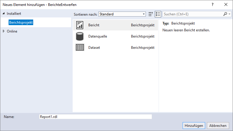 Hinzufügen neuer Elemente zu einem Reporting Services-Projekt