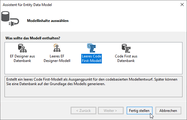 Die Wahl fällt auf Leeres Code First-Modell.