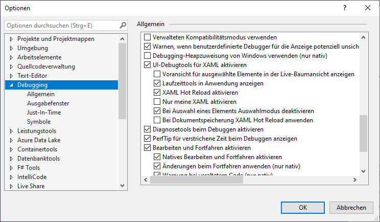 Einstellungen für das Debuggen von XAML-Code