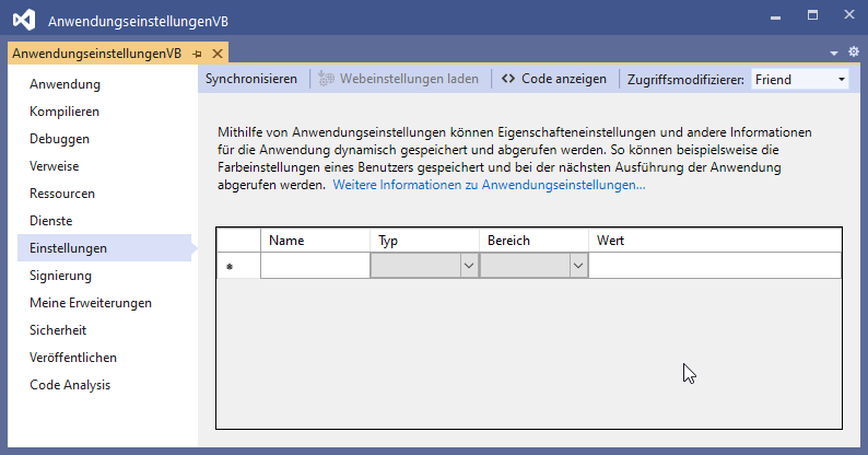 Der Bereich zum Verwalten von Anwendungseinstellungen