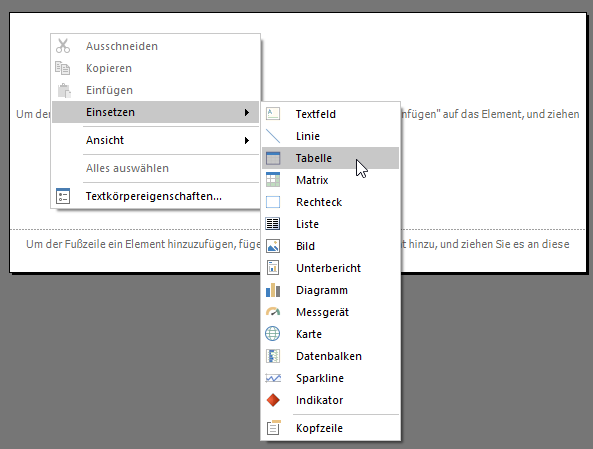 Hinzufügen einer Tabelle per Kontextmenü