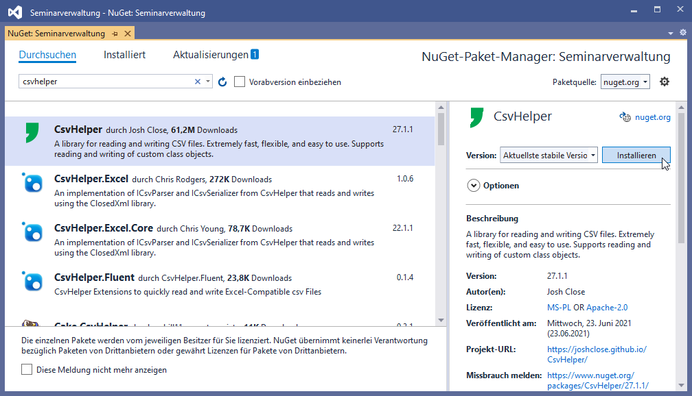 Hinzufügen des CsvHelper-Pakets