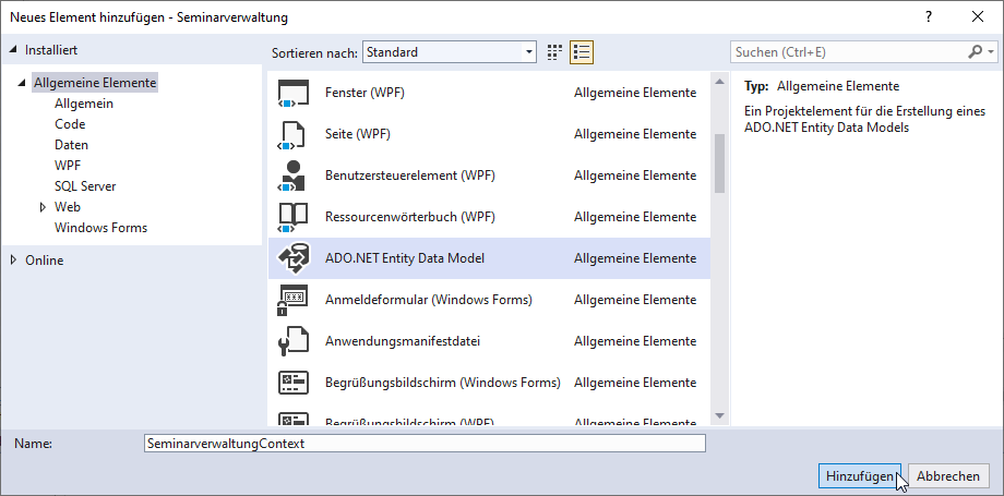 Hinzufügen eines Entity Data Models