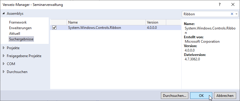 Auswahl des Verweises für die Ribbon-Definition