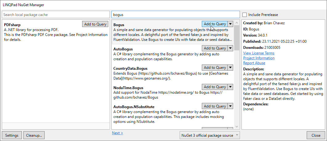 Hinzufügen des Pakets Bogus