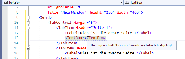 Das TabItem-Element kann nur ein Unterelement aufnehmen.