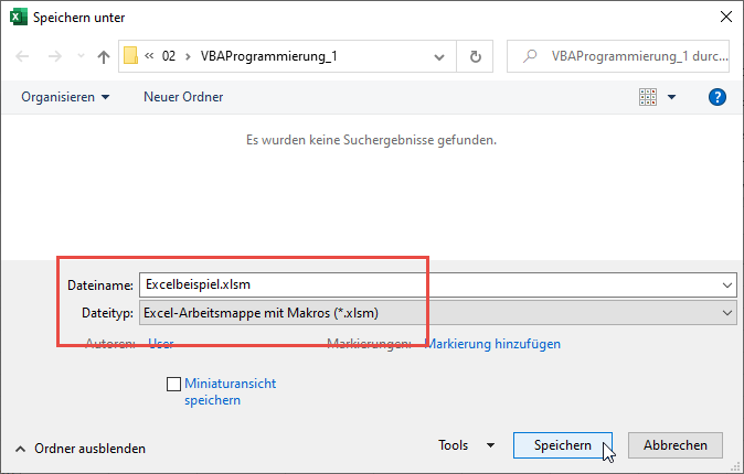 Auswahl eines Dateityps, der das Speichern des VBA-Projekts erlaubt