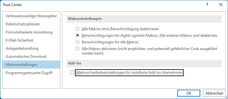 Die Makroeinstellungen für die Office-Anwendungen