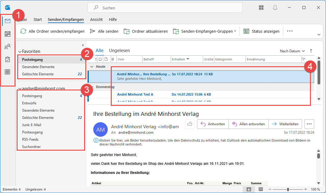 Die Benutzeroberfläche von Outlook mit den typischen Elementen