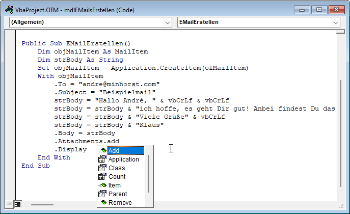 Methoden per IntelliSense auswählen