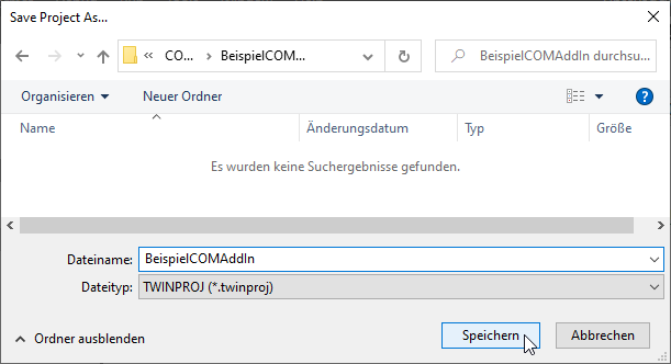Festlegen des Speicherorts für die .twinproj-Datei
