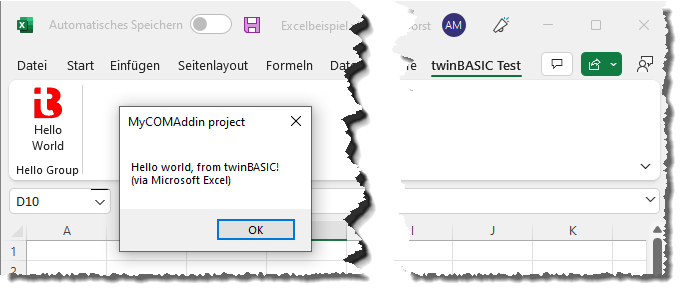 Aufruf des COM-Add-Ins von Excel aus