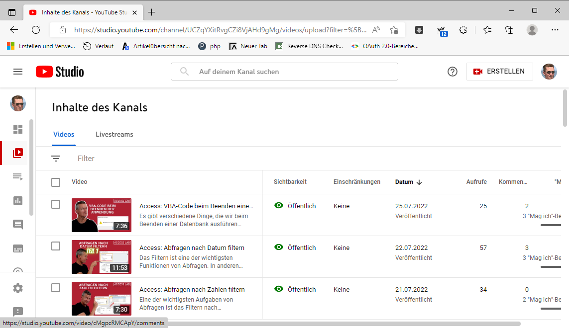 Verwalten eines YouTube-Kanals über YouTube Studio