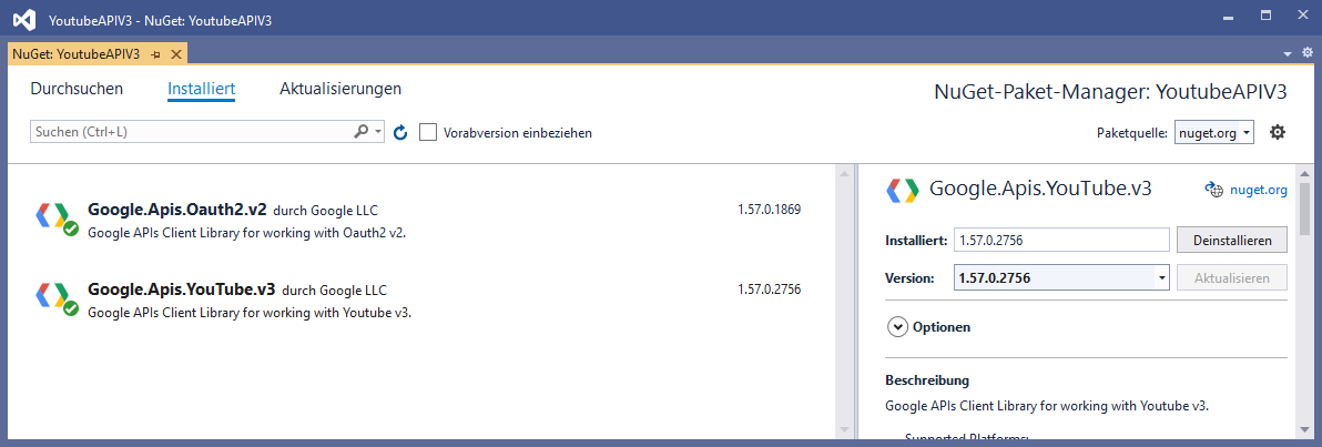 Die für die Lösung benötigten NuGet-Pakete