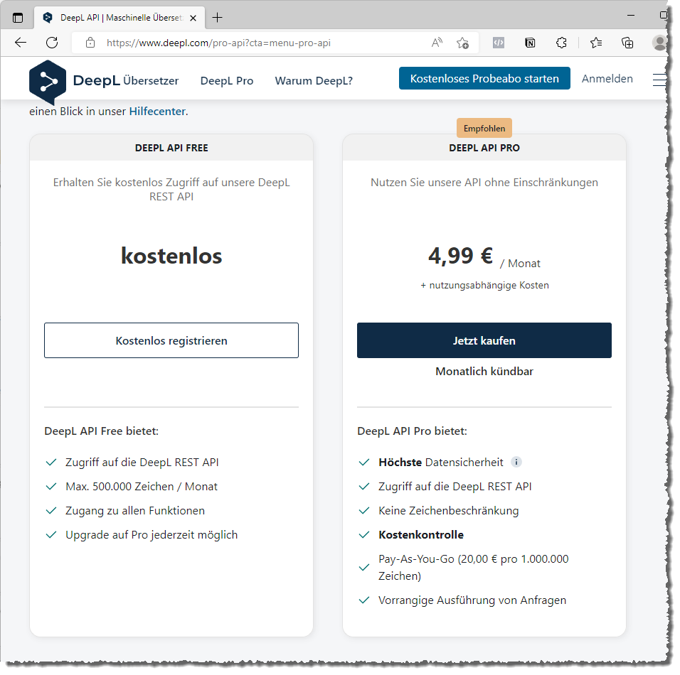 Angebot der DeepL-Api