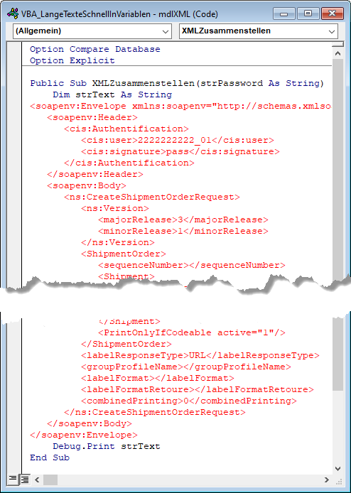 Ein langes XML-Dokument soll in den VBA-Code eingearbeitet werden.