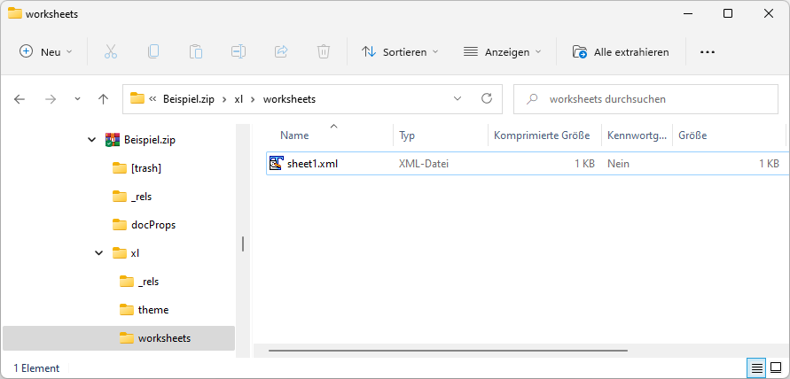 Komprimierter Zip-Container einer Excel-Arbeitsmappe