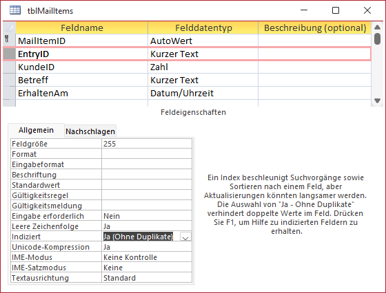 Die Tabelle tblMailItems in der Entwurfsansicht