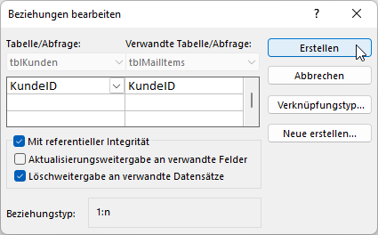 Einstellungen für die angelegte Beziehung