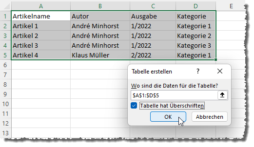 Erstellen einer Tabelle aus einem einfachen Worksheet