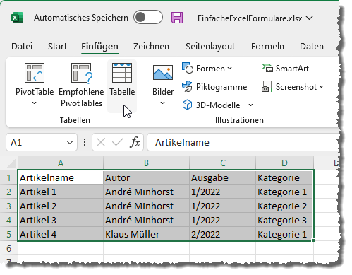 Markieren des Bereichs für die zu erstellende Tabelle