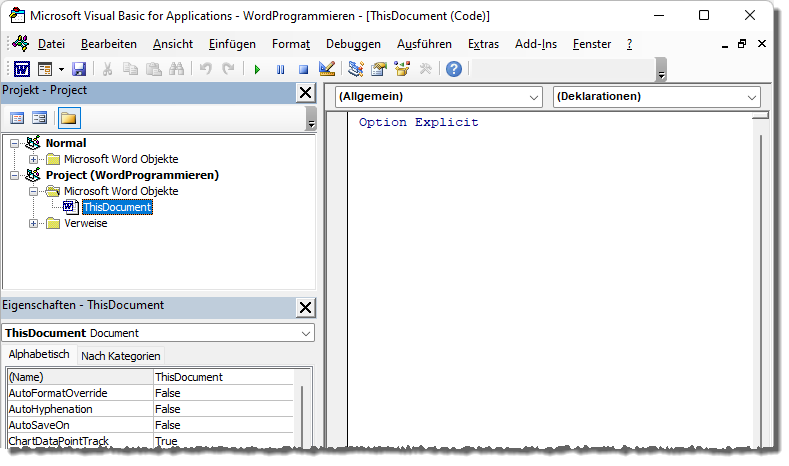 Der VBA-Editor mit einem Word-Projekt