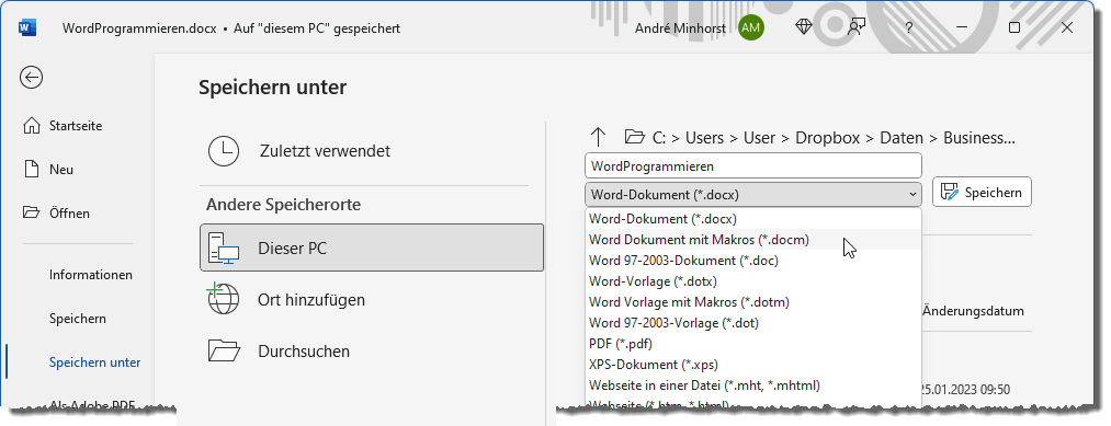 Speichern des Dokuments mit VBA-Projekt