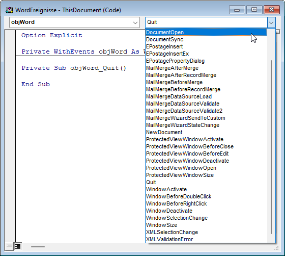 Auswahl der Ereignisse des Application-Objekts