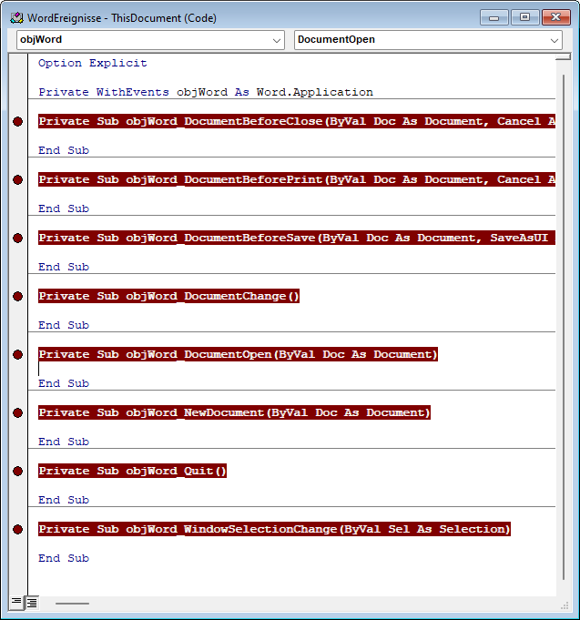 Einige Ereignisprozeduren mit Haltepunkten