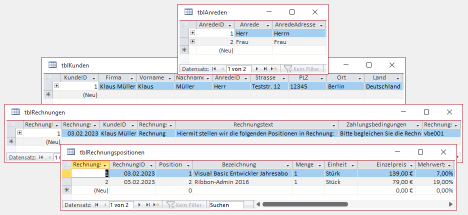 Beispieldaten für die Erstellung einer Rechnung
