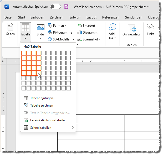 Hinzfügen einer Word-Tabelle über die Benutzeroberfläche