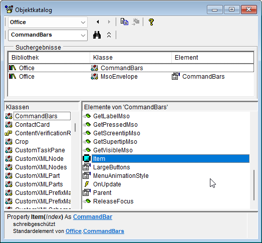 Die CommandBars-Auflistung im Objektkatalog