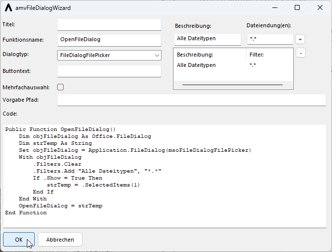 Der FileDialog-Wizard in Aktion
