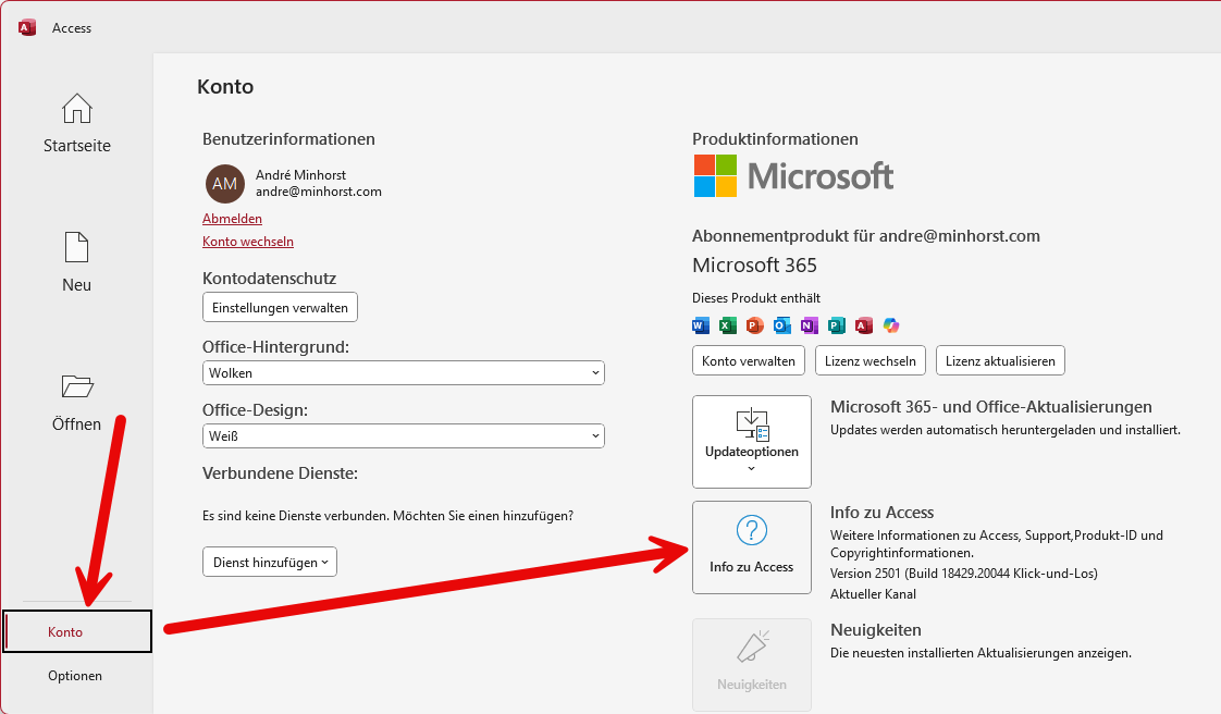 Öffnen der Infos zur jeweiligen Office-Anwendung, hier für Access