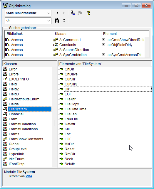 Elemente der Klasse FileSystem im Objektkatalog
