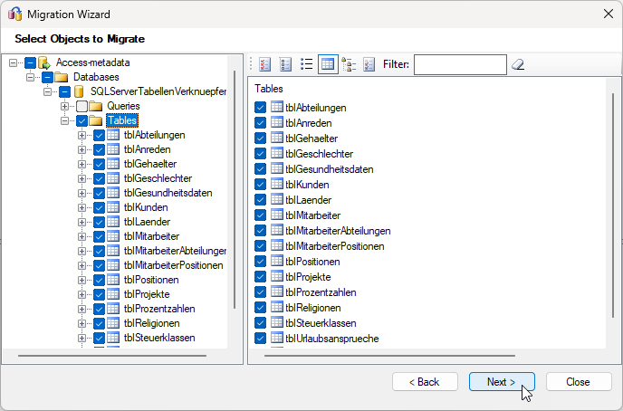 Auswählen der zu migrierenden Tabellen