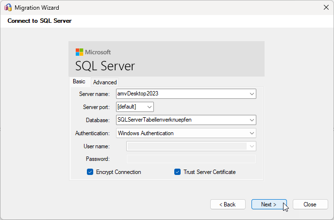 Festlegen des Ziel-SQL Servers